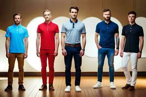 vijf mannen in verschillend kleuren van polo overhemden. ai-gegenereerd foto