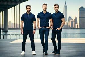 drie mannen in blauw polo overhemden staand Aan een dok. ai-gegenereerd foto