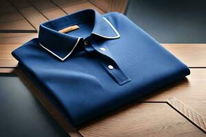 een blauw polo overhemd Aan een houten tafel. ai-gegenereerd foto