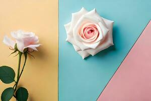 twee rozen Aan een kleurrijk achtergrond. ai-gegenereerd foto