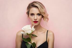 mooi blond vrouw met rood lippen en wit roos. ai-gegenereerd foto