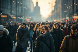 menigte van mensen groot groep van mensen wandelen stad straat landschap . ai generatief foto