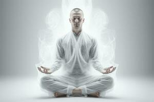 een Mens in wit kleren mediteert in een leeg, helder kamer. gemaakt door kunstmatig intelligentie- foto