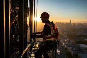 een arbeiders werken Bij hoogte met veiligheid harnas. generatief ai foto