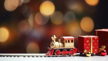 rood speelgoed- trein en mini geschenk doos, studio schot, bokeh, winter Kerstmis spandoek. generatief ai foto