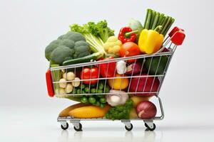 boodschappen doen trolley vol met groenten en vruchten. generatief ai foto