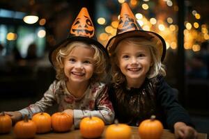 kinderen truc of behandelen met jackolantern snoep emmers Aan halloween foto