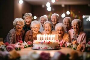 senior Dames en vrienden kaarsen Aan verjaardag taart voor een viering. generatief ai foto