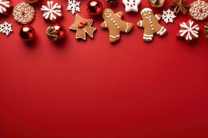 Kerstmis banier met sommige presenteert, peperkoek Mens koekjes Aan rood achtergrond. generatief ai foto