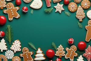 Kerstmis banier met sommige presenteert, peperkoek Mens koekjes Aan groen achtergrond. generatief ai foto