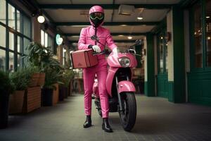 levering persoon het rijden scooter in stad. generatief ai foto