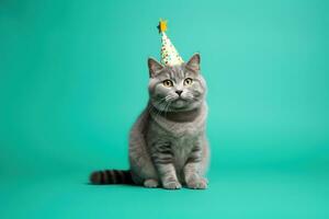 gelukkig kat vieren verjaardag met partij hoed Aan, geïsoleerd Aan blauw achtergrond. generatief ai foto