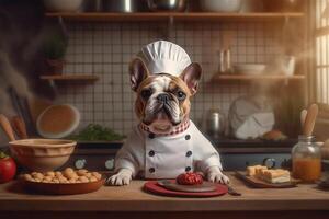 grappig beeld van een Frans bulldog in een chef kostuum, presentatie van culinaire humor in de keuken instelling. kopiëren ruimte perfect voor voedselgerelateerd projecten en entertainment-thema ontwerpen, ai generatief foto
