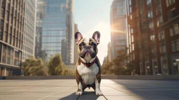 schattig Frans bulldog Aan de achtergrond van de stad kopiëren ruimte, de concept van liefde en zorg voor dieren, ai generatief foto