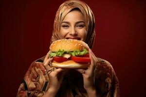 aan het eten een Hamburger van Internationale mensen. generatief ai foto