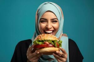 aan het eten een Hamburger van Internationale mensen. generatief ai foto