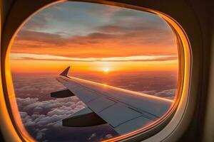 zonsondergang visie van vliegtuig venster. generatief ai foto