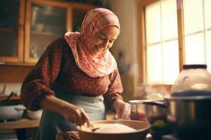 gelukkig moslim vrouw bakken taart in keuken. generatief ai foto