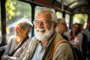 senioren genieten van zorg reis excursie met mensen hebben pret Aan bord van een comfortabel bus. generatief ai foto