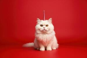 gelukkig kat vieren verjaardag met partij hoed Aan, geïsoleerd Aan blauw achtergrond. generatief ai foto