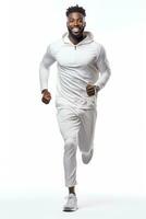 Afrikaanse mannetje jogging gelukkig en energiek generatie in wit achtergrond. generatief ai foto