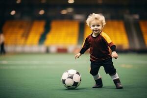 ai gegenereerd dribbelen klein jongen Toneelstukken Amerikaans voetbal in stadion. generatief ai foto