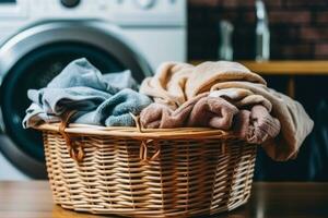 mand met vuil kleren in de buurt het wassen machines in een keuken. generatief ai foto