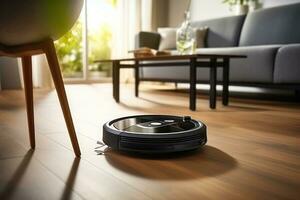 een robot vacuüm schoonmaakster is schoonmaak de leven kamer vloer. generatief ai foto