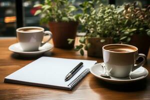 een kantoor bureaublad een stack van a4 wit papier, een pen, een kop van koffie. generatief ai foto