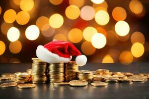 varkentje bank met de kerstman hoed en geschenk munten Aan feestelijk achtergrond. generatief ai foto