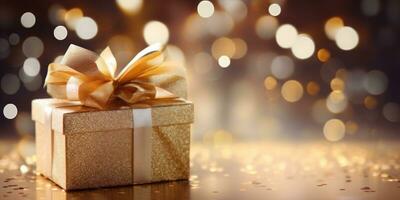 ai gegenereerd Kerstmis geschenk doos in een glimmend pakket met een boog Aan een bokeh achtergrond. generatief ai foto