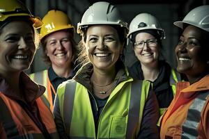 een team van vrouw bouw ingenieurs. vrouw managers van verschillend nationaliteiten zijn werken samen. neurale netwerk ai gegenereerd foto