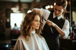 mooi kapsel van vrouw na verven haar- en maken highlights in haar- salon. generatief ai foto