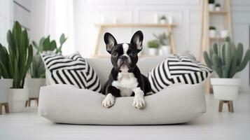 modern leven kamer interieur. schattig Frans bulldog Aan bank. generatief ai foto