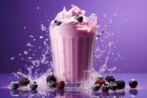 bosbes smoothie frappe effect wervelende Golf bosbes melk plons in de omgeving van glas. generatief ai foto