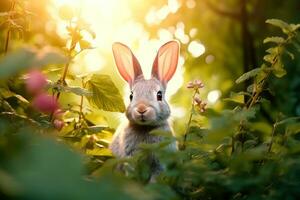 detailopname van schattig konijn met mooi bokeh achtergrond, generatief ai foto