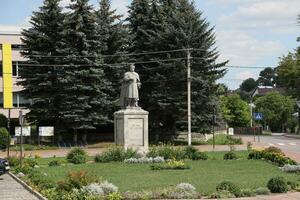 ternopil, Oekraïne - augustus 23, 2023 monument van bohdan khmelnitsky met een foelie Aan de plein in zbarazh foto