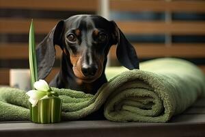 een mooi zwart en bruinen teckel met een groen handdoek en een bloem in een wit schaal, hond teckel, zwart en bruinen, ontspannen van spa procedures Aan gezicht met komkommer, gedekt met, ai gegenereerd foto