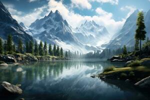 mooi landschap met bergen en meer. 3d weergave. computer digitaal tekening, meer in de bergen, ai gegenereerd foto