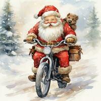 Kerstmis waterverf illustratie van de de kerstman claus rijden een fiets foto