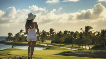 een chique golfers houding onder de tropisch zon. generatief ai foto