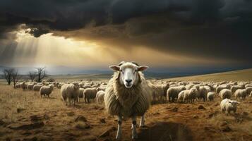 schapen temidden van dreigend storm wolken. generatief ai foto