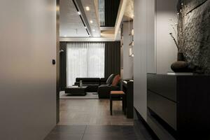 een visie van de panorama van de modern leven kamer van de foyer ruimte, 3d renderen foto