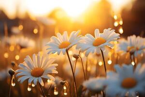 madeliefjes bloeiend in voorjaar met dauwdruppels gehecht in de ochtend- ai generatief foto