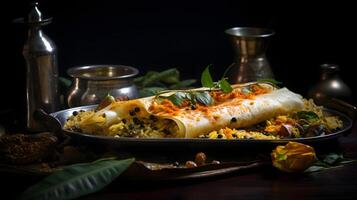 aromatisch Indisch voedsel gebeld masala dosa Aan een wijnoogst staal dienblad in een bruisend zuiden Indisch cafe ai generatief foto