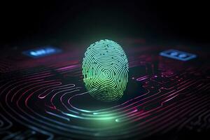 vingerafdruk authenticatie knop. biometrisch veiligheid. identificatie en cyber veiligheid concept. gloeiend neon vingerafdruk Aan donker achtergrond. ai generatief foto