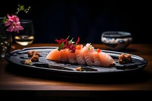 Japans voedsel - sashimi in elegant bord in prima dining restaurant ai generatief foto