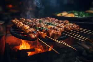 Japans voedsel - yakitori in bamboe spiesjes in izakaya atmosfeer ai generatief foto