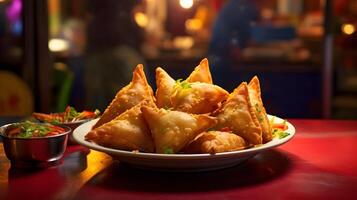 Indisch voedsel gebeld samosa Aan een kleurrijk keramisch bord in een levendig Indisch straat verkoper ai generatief foto