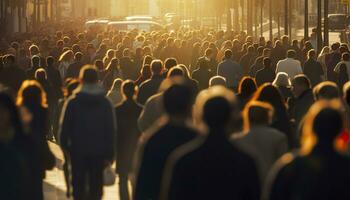 menigte van mensen wandelen bezig stad straat verlicht. generatief ai foto